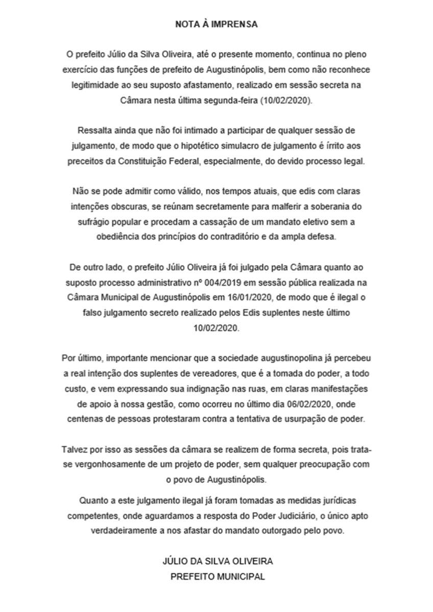 Nota prefeito Júlio Oliveira