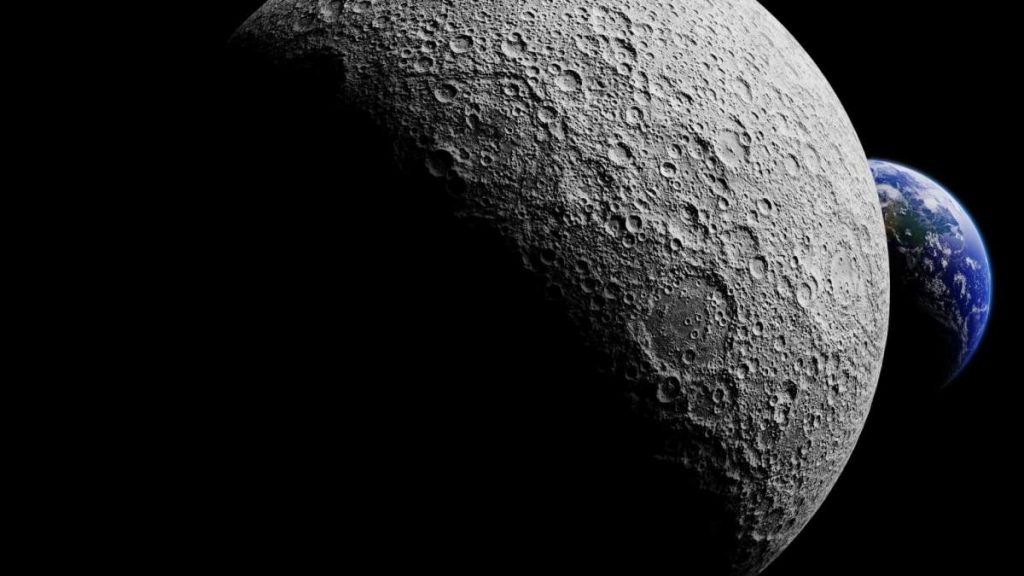 Terra atrás do lado escuro da Lua (ilustração 3D); telescópios lunares devem ser colocados nessa região.